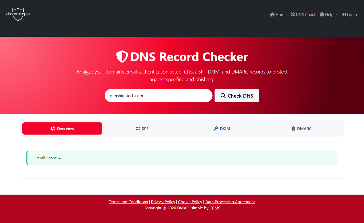 DMARCsimple DNS overview showing SPF, DKIM, and DMARC record status