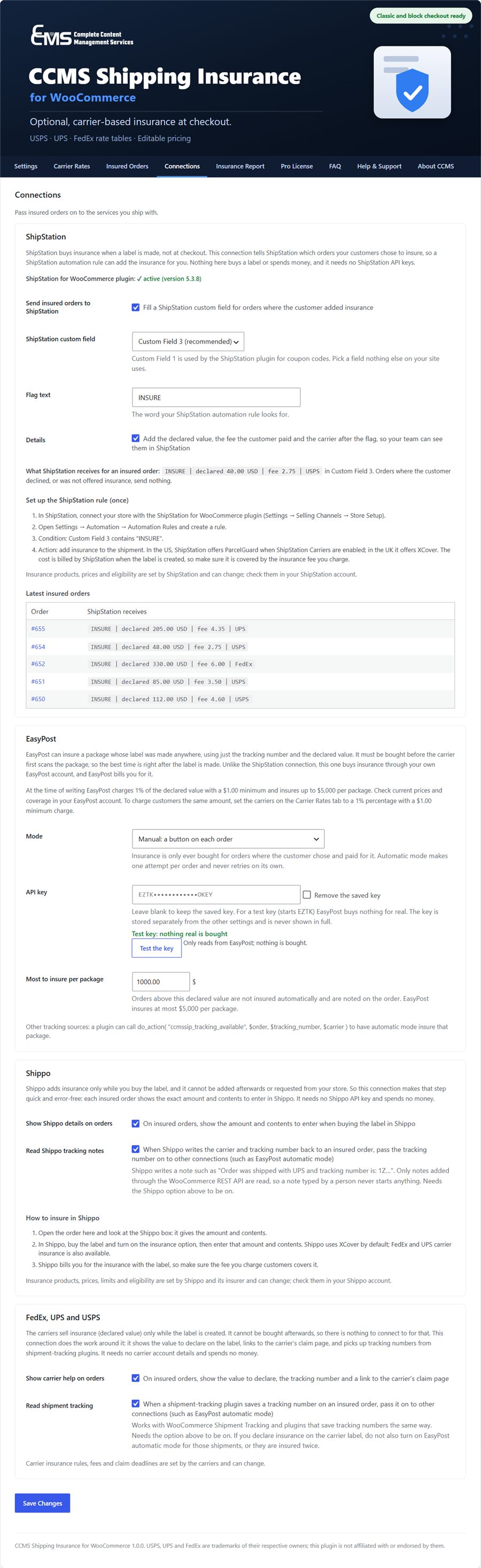 The Connections tab of CCMS Shipping Insurance Pro showing the ShipStation, EasyPost, Shippo and FedEx, UPS and USPS cards