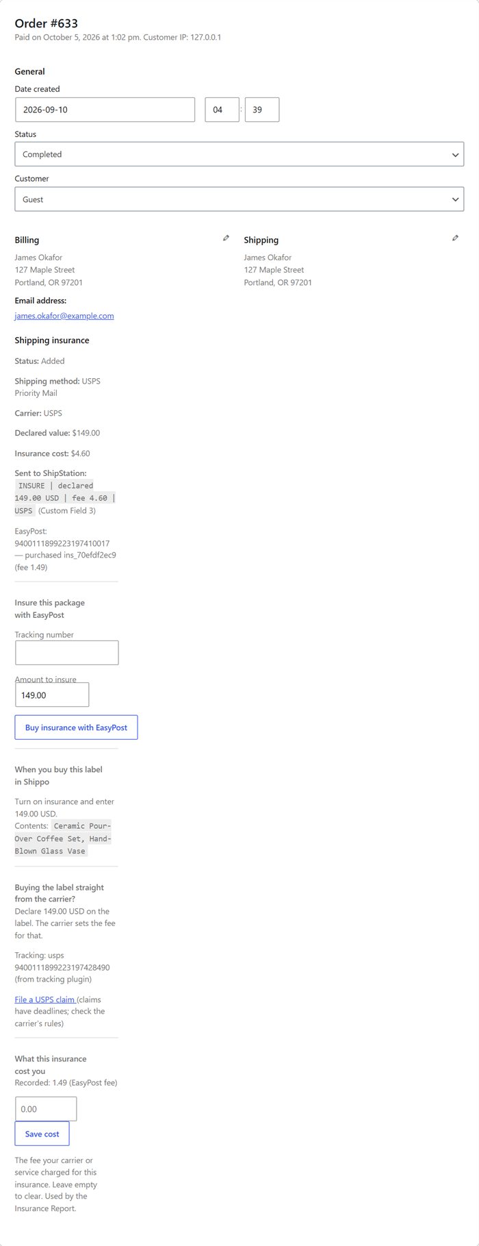 The admin order screen with the ShipStation, EasyPost, Shippo and carrier boxes for an insured order