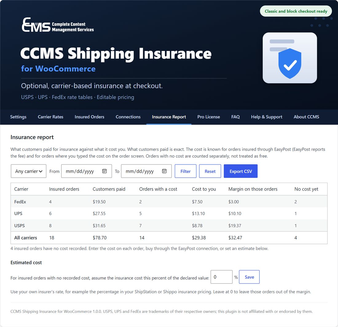 The Insurance Report tab showing insured orders, what customers paid, the cost and the margin for each carrier