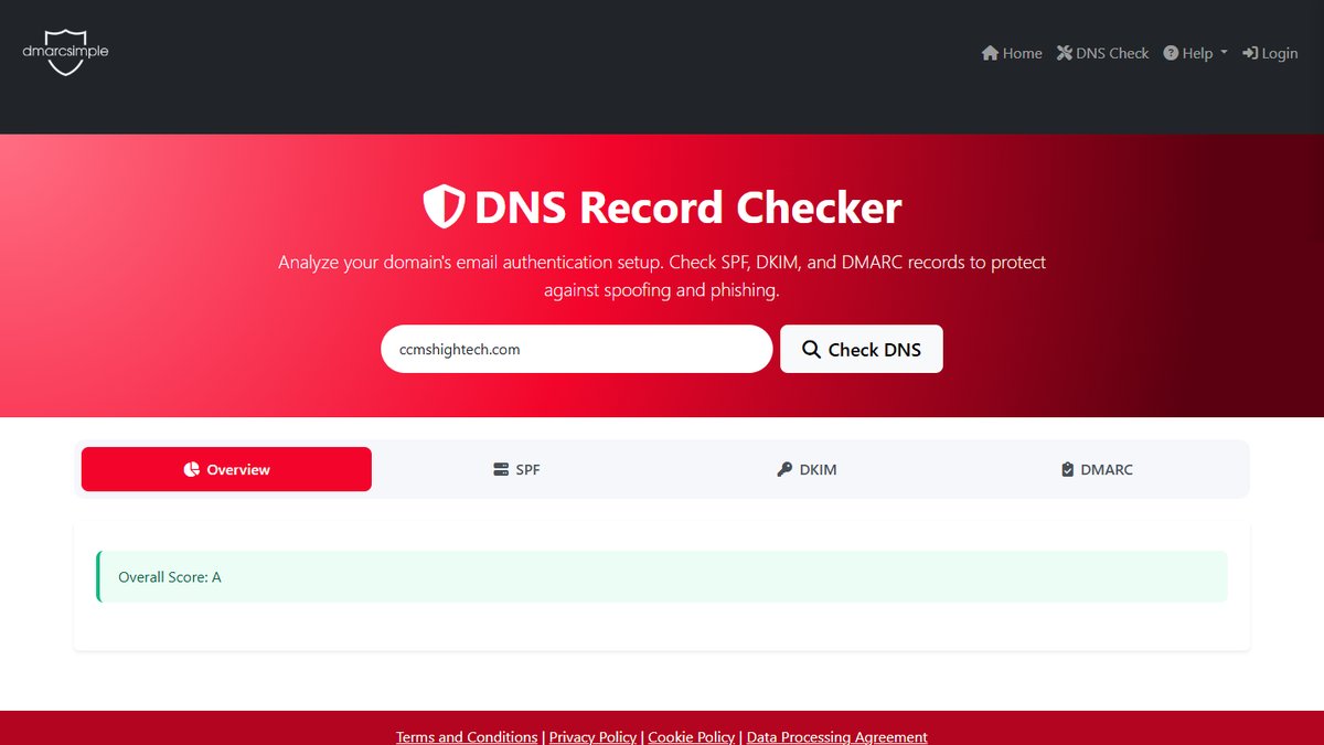 DMARCsimple email authentication dashboard showing DMARC SPF DKIM status