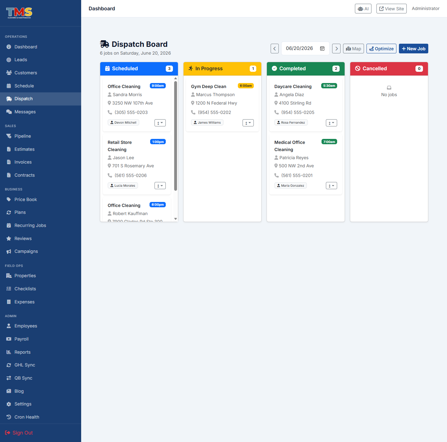 SERVEsimple field service dispatch board showing today's jobs and technician assignments