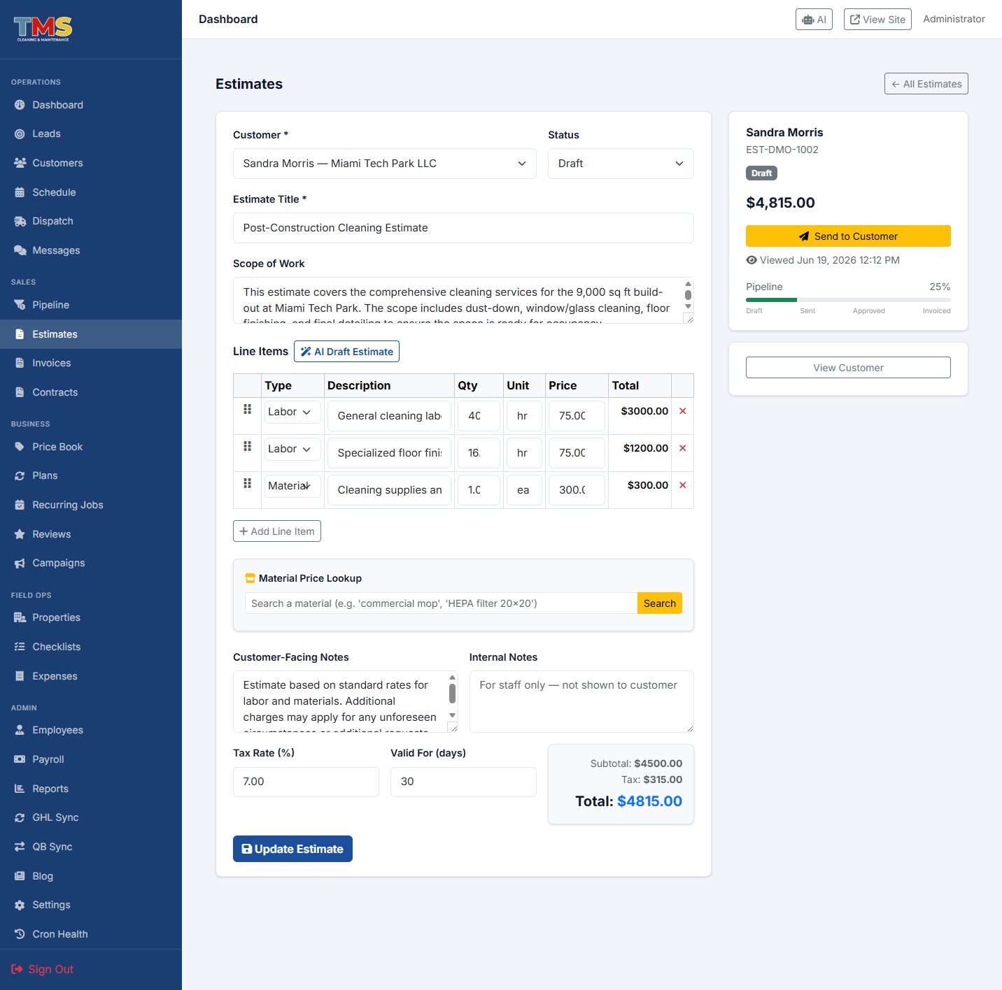 SERVEsimple field service estimate creation view