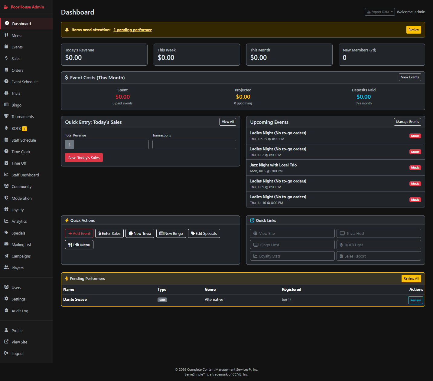 SERVEsimple restaurant admin dashboard showing events, revenue, and quick actions