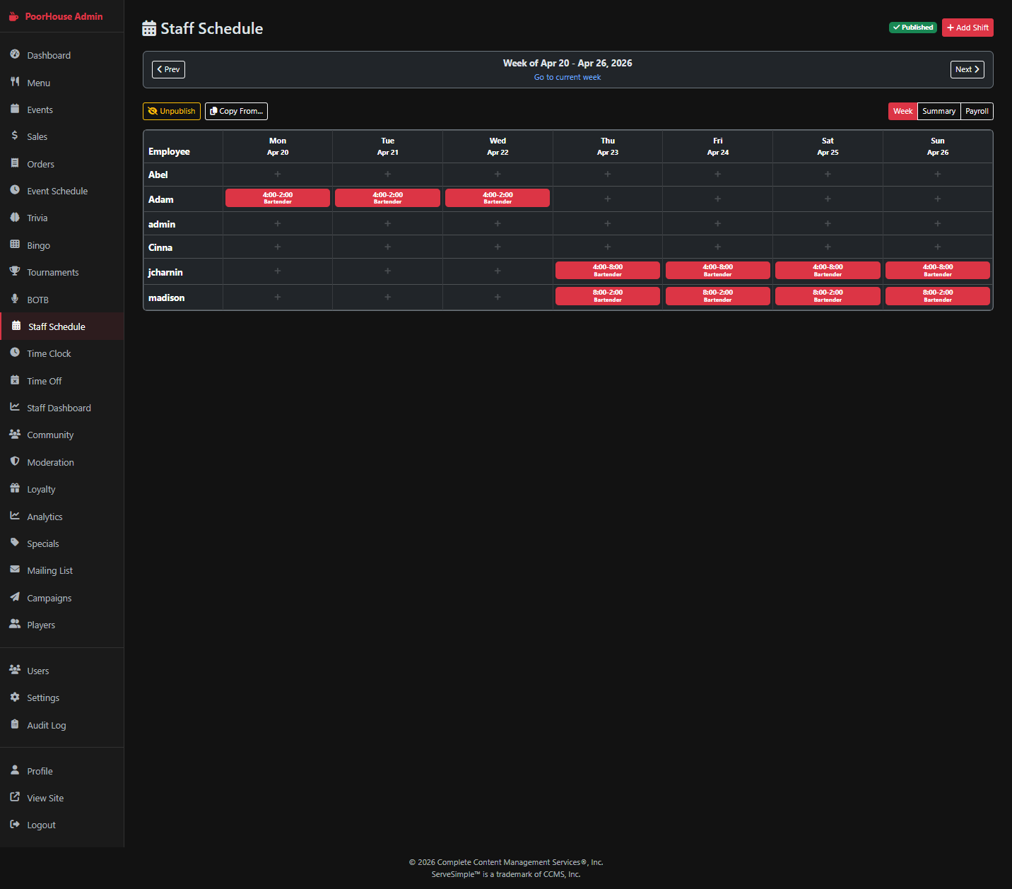 SERVEsimple staff scheduling interface