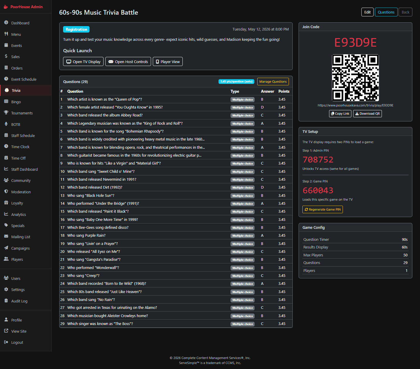 SERVEsimple trivia host screen for restaurant entertainment nights