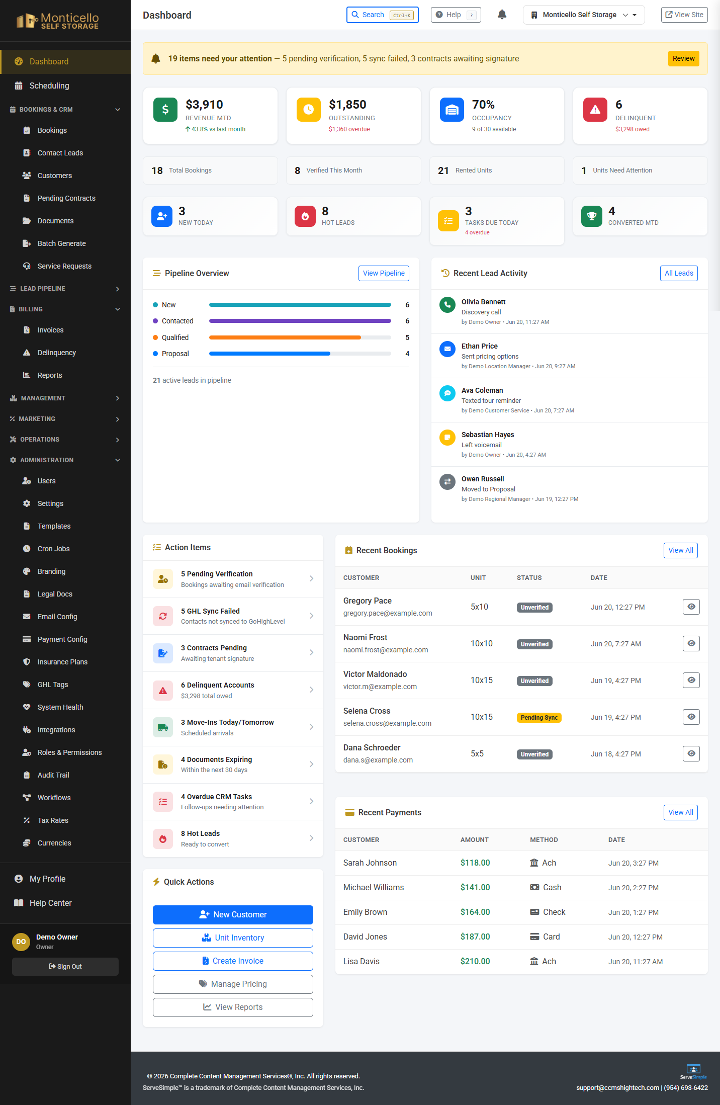 STORAGEsimple admin dashboard showing tenant bookings and billing